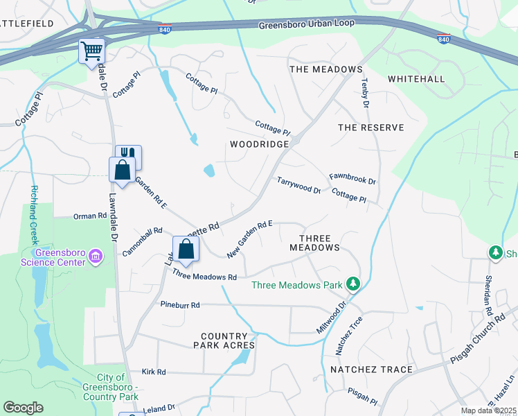 map of restaurants, bars, coffee shops, grocery stores, and more near 4600 Lake Jeanette Road in Greensboro