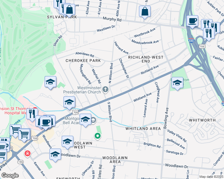 map of restaurants, bars, coffee shops, grocery stores, and more near 3828 West End Avenue in Nashville