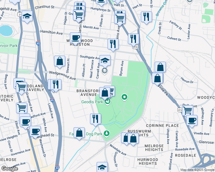 map of restaurants, bars, coffee shops, grocery stores, and more near 505F Wedgewood Avenue in Nashville