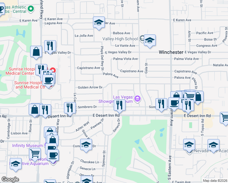 map of restaurants, bars, coffee shops, grocery stores, and more near 3152 Sundown Drive in Las Vegas