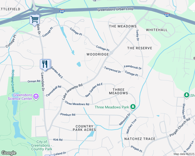 map of restaurants, bars, coffee shops, grocery stores, and more near 4600 Lake Jeanette Road in Greensboro
