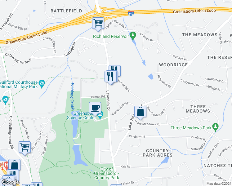 map of restaurants, bars, coffee shops, grocery stores, and more near 8 Cannonball Court in Greensboro