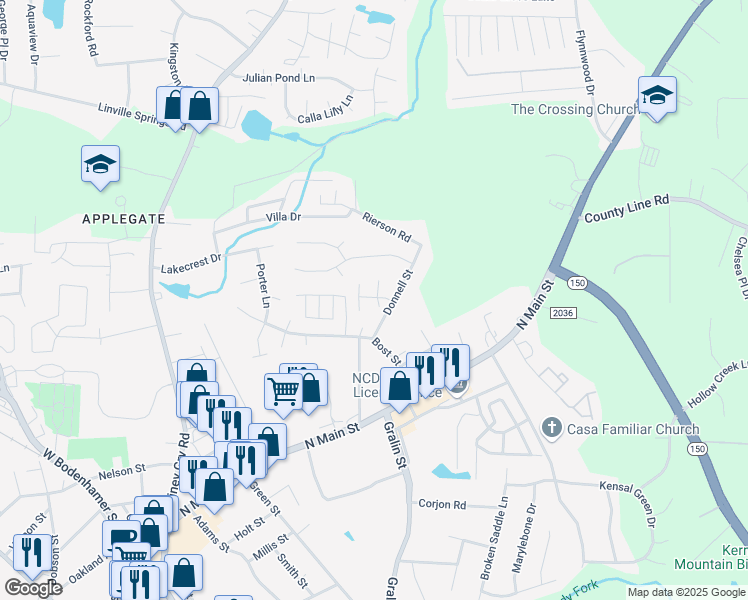 map of restaurants, bars, coffee shops, grocery stores, and more near 815 Donnell Street in Kernersville