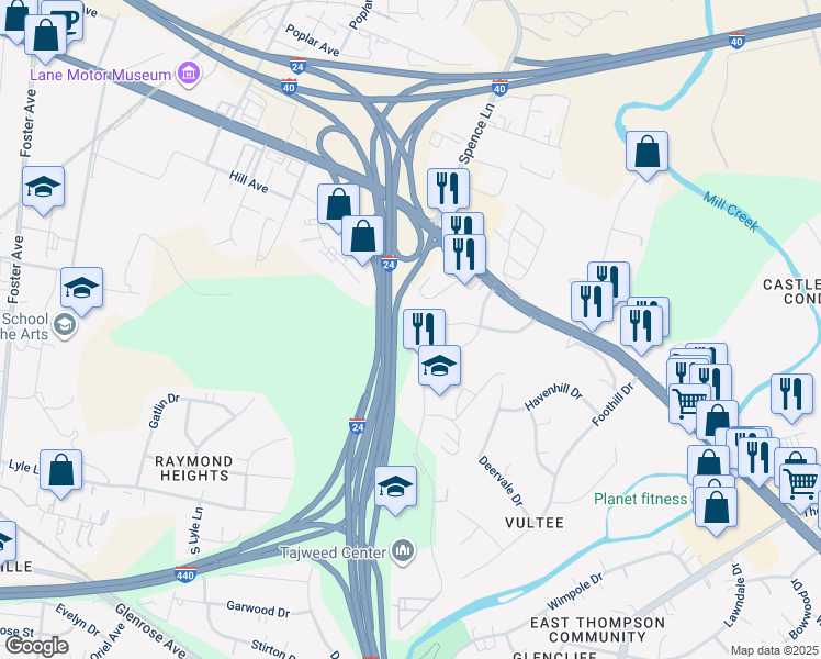 map of restaurants, bars, coffee shops, grocery stores, and more near 319 Plus Park Boulevard in Nashville