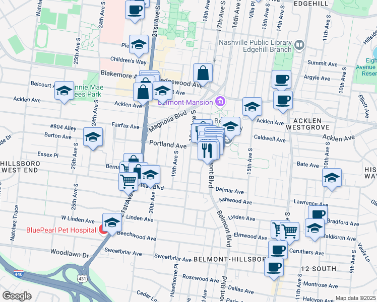 map of restaurants, bars, coffee shops, grocery stores, and more near 2013 18th Avenue South in Nashville