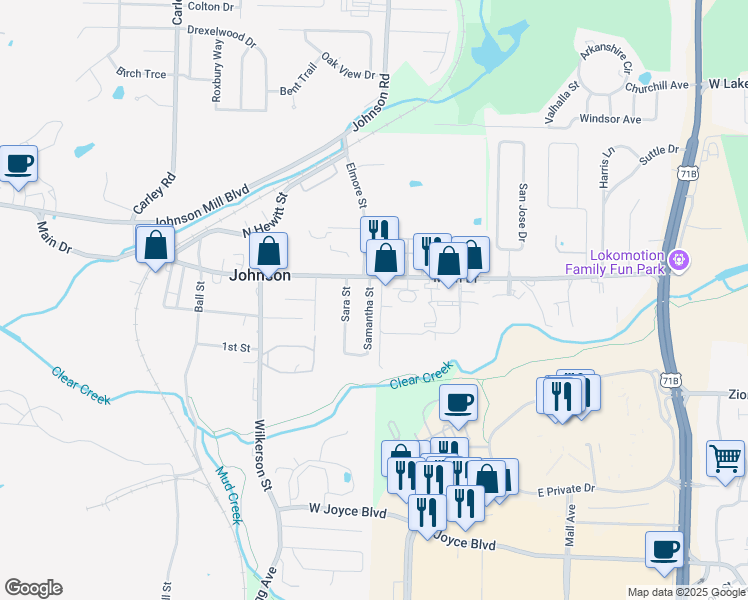 map of restaurants, bars, coffee shops, grocery stores, and more near 5805 Samantha Street in Fayetteville