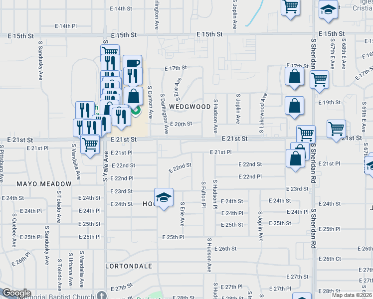 map of restaurants, bars, coffee shops, grocery stores, and more near 5344 East 21st Place in Tulsa
