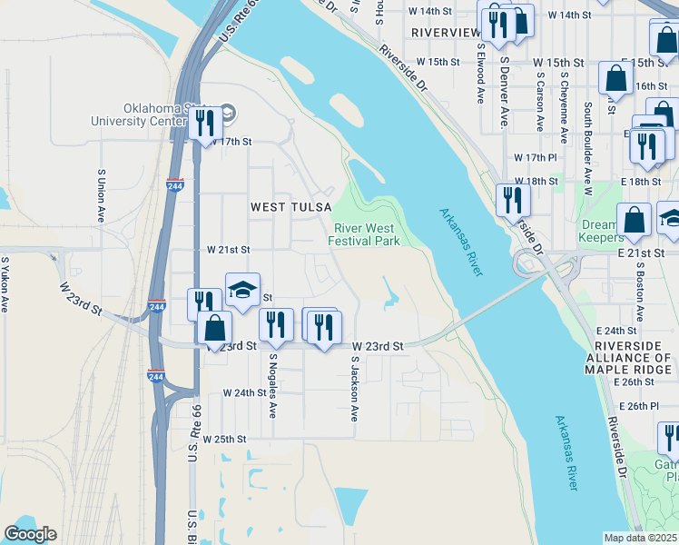 map of restaurants, bars, coffee shops, grocery stores, and more near 2202 South Jackson Avenue in Tulsa