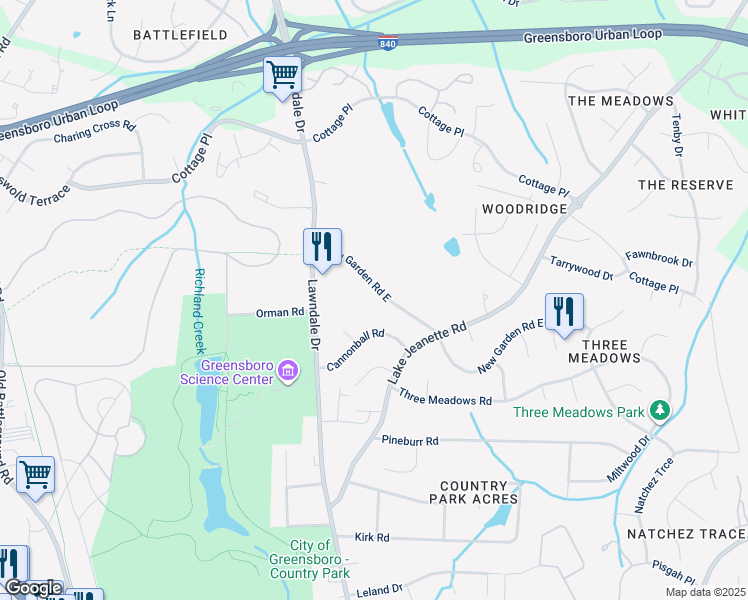 map of restaurants, bars, coffee shops, grocery stores, and more near 2312 Cannonball Road in Greensboro