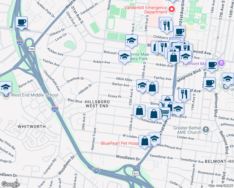 map of restaurants, bars, coffee shops, grocery stores, and more near 2607 Essex Place in Nashville