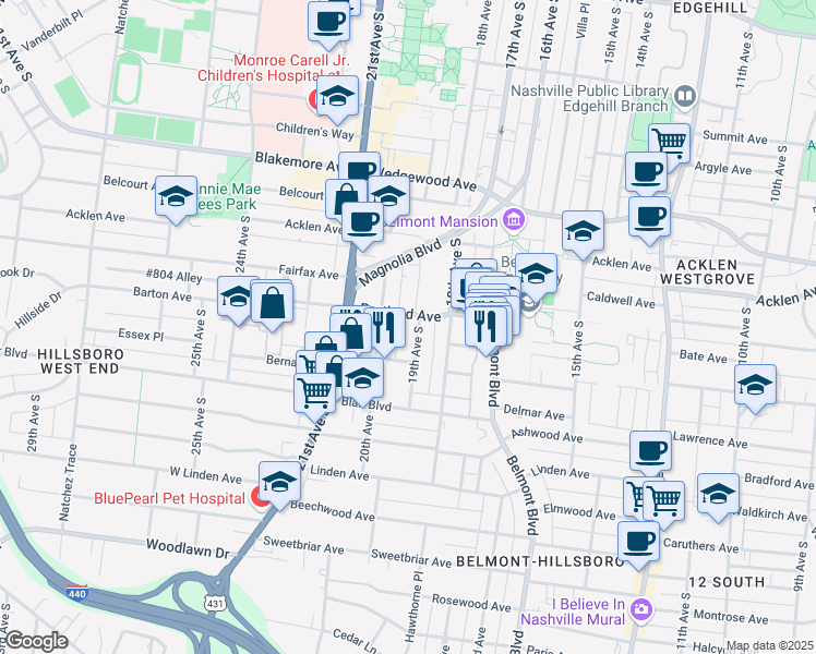 map of restaurants, bars, coffee shops, grocery stores, and more near 2013 19th Avenue South in Nashville