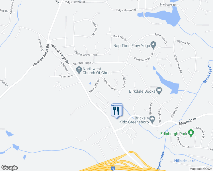map of restaurants, bars, coffee shops, grocery stores, and more near 3309 Northbrook Drive in Greensboro