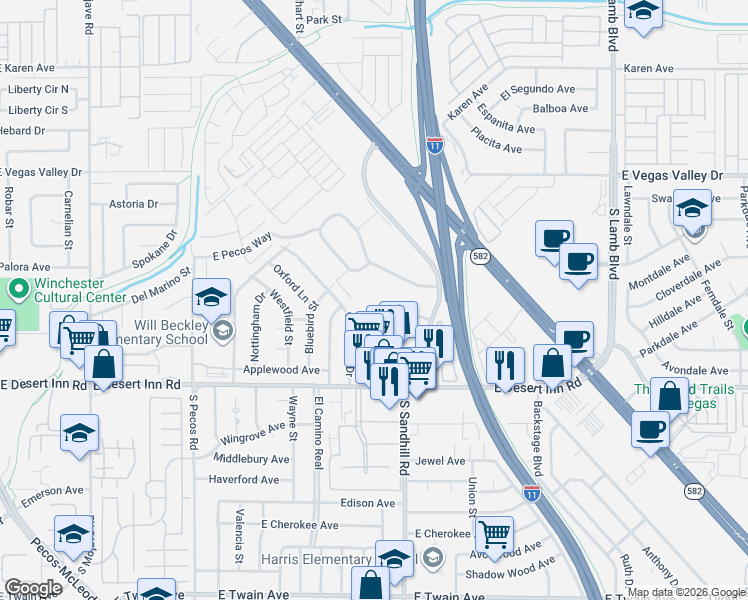map of restaurants, bars, coffee shops, grocery stores, and more near 231 Greenbriar Townhouse Way in Las Vegas