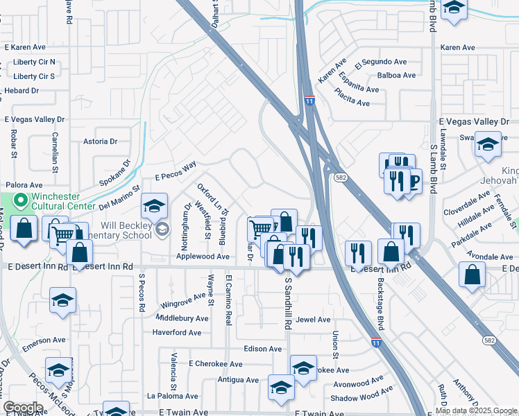 map of restaurants, bars, coffee shops, grocery stores, and more near 269 Greenbriar Townhouse Way in Las Vegas