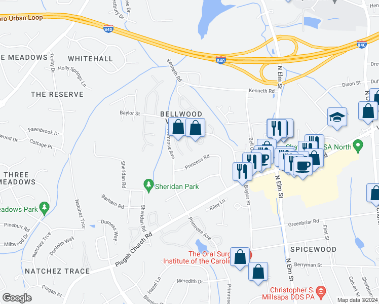 map of restaurants, bars, coffee shops, grocery stores, and more near 4341 Baylor Street in Greensboro