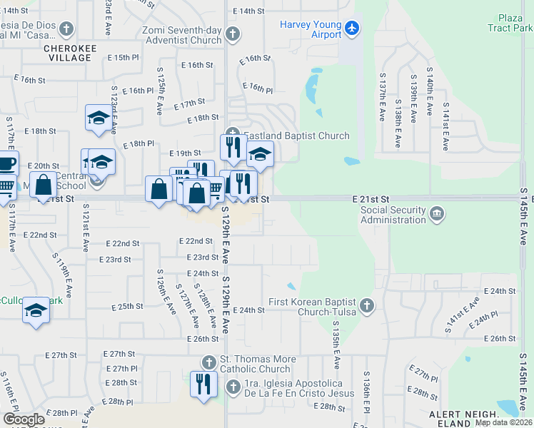 map of restaurants, bars, coffee shops, grocery stores, and more near 2135 South 130th East Avenue in Tulsa