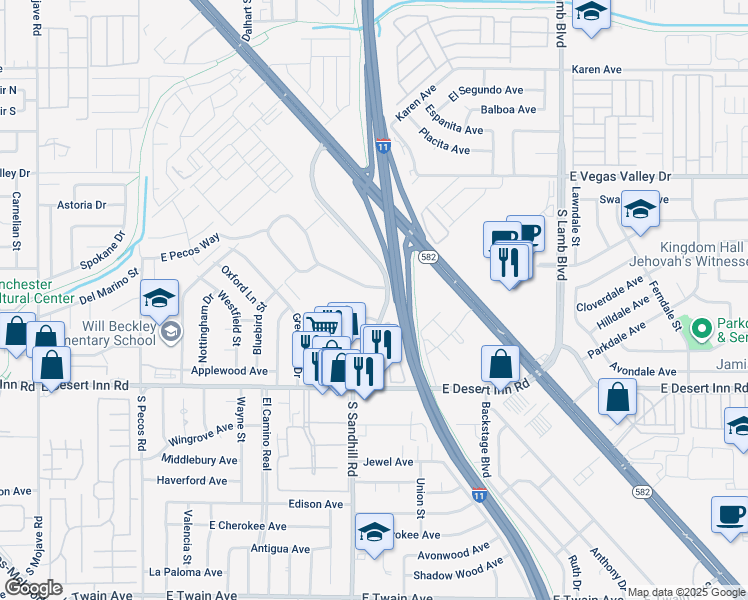 map of restaurants, bars, coffee shops, grocery stores, and more near 109 Greenbriar Townhouse Way in Las Vegas