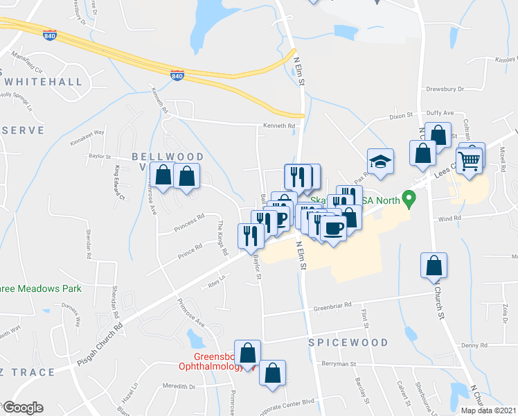 map of restaurants, bars, coffee shops, grocery stores, and more near 4108 Baylor Street in Greensboro