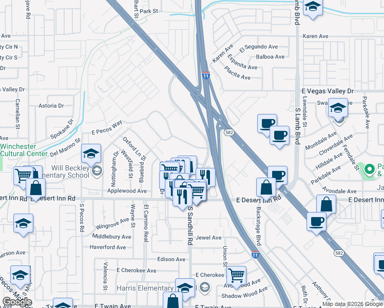 map of restaurants, bars, coffee shops, grocery stores, and more near 3789 Millwood Avenue in Las Vegas