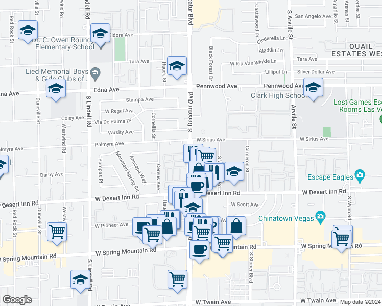 map of restaurants, bars, coffee shops, grocery stores, and more near 3150 South Decatur Boulevard in Las Vegas
