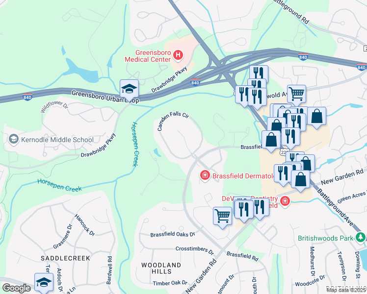 map of restaurants, bars, coffee shops, grocery stores, and more near 3604 Camden Falls Circle in Greensboro