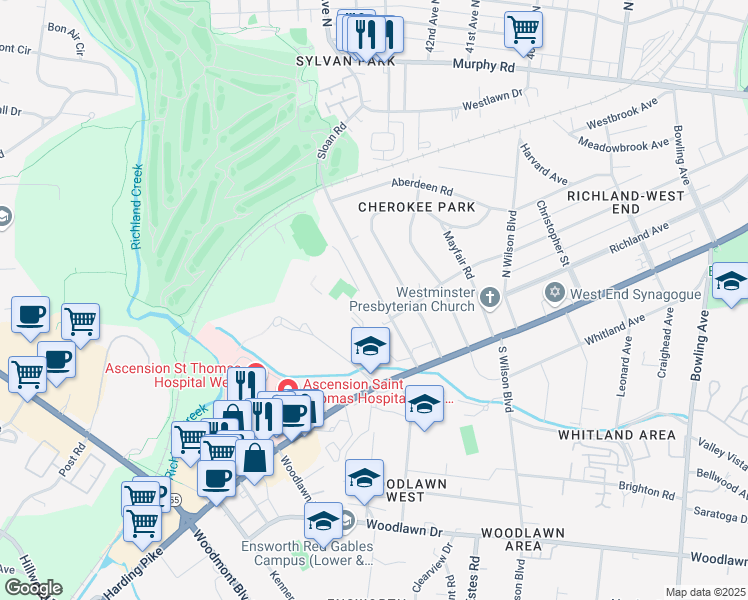 map of restaurants, bars, coffee shops, grocery stores, and more near 203 Cherokee Road in Nashville