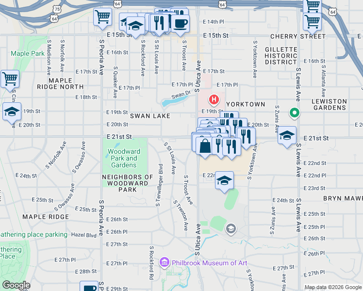 map of restaurants, bars, coffee shops, grocery stores, and more near 2216 South Troost Avenue in Tulsa