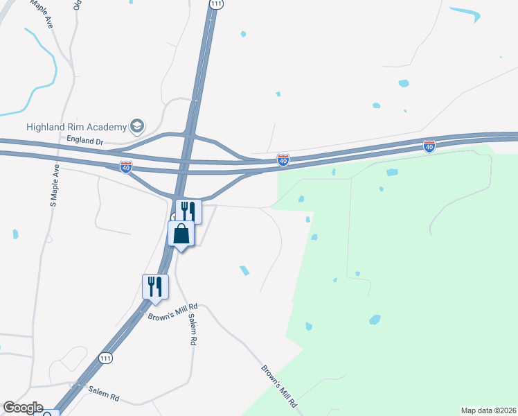 map of restaurants, bars, coffee shops, grocery stores, and more near 2073 Salem Road in Cookeville