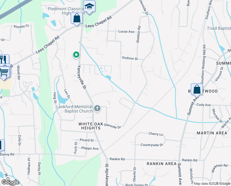 map of restaurants, bars, coffee shops, grocery stores, and more near 1500 Asher Downs Drive in Greensboro