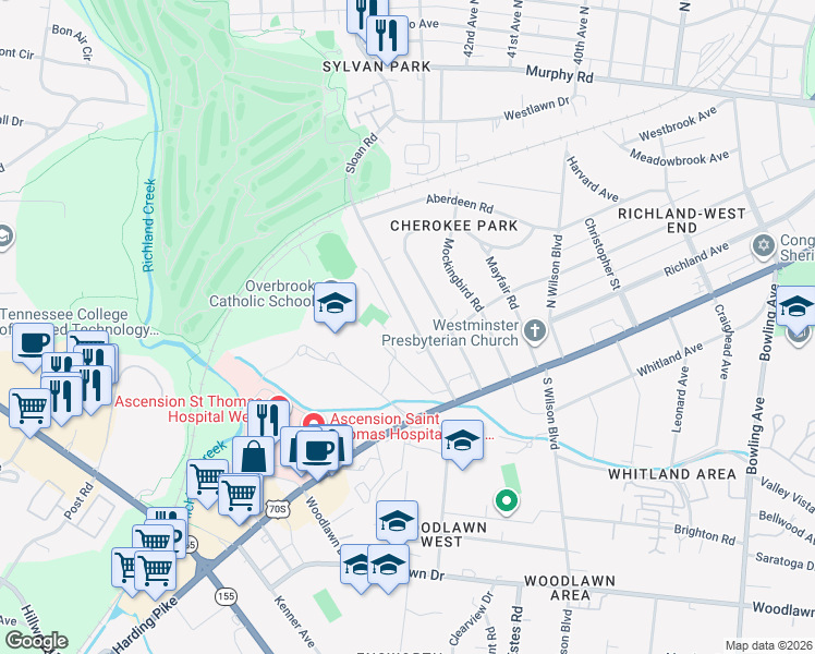 map of restaurants, bars, coffee shops, grocery stores, and more near 203 Cherokee Road in Nashville