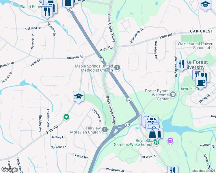 map of restaurants, bars, coffee shops, grocery stores, and more near Henning Drive in Winston-Salem