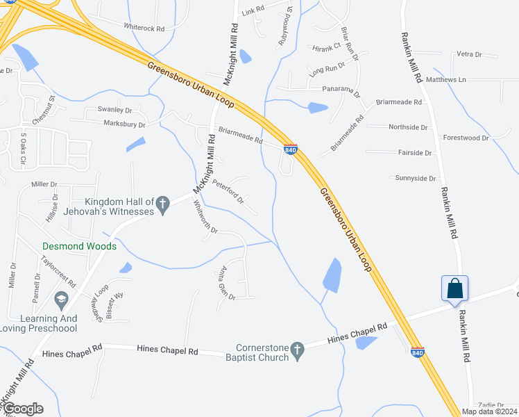 map of restaurants, bars, coffee shops, grocery stores, and more near 3604 Peterford Drive in Greensboro