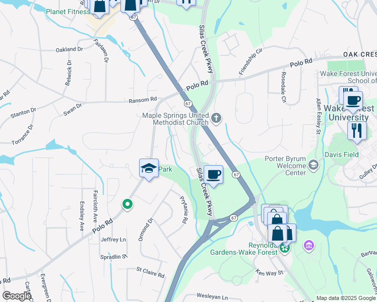map of restaurants, bars, coffee shops, grocery stores, and more near 2844 Quincy Drive in Winston-Salem