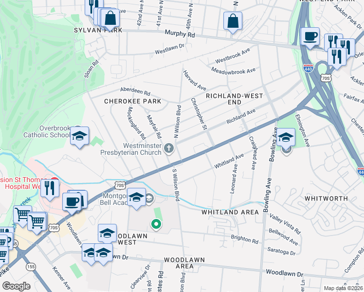 map of restaurants, bars, coffee shops, grocery stores, and more near 3827 Richland Avenue in Nashville