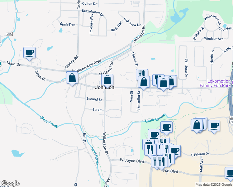 map of restaurants, bars, coffee shops, grocery stores, and more near 2614 Meadow View in Fayetteville