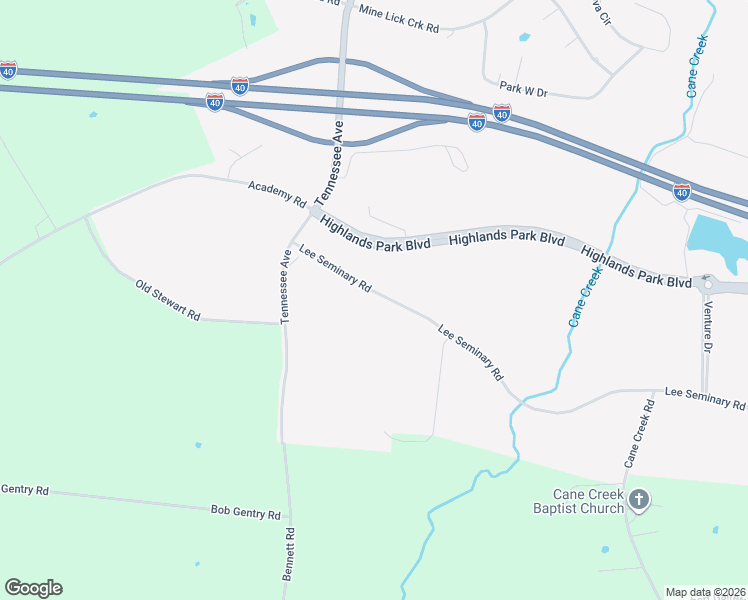 map of restaurants, bars, coffee shops, grocery stores, and more near 3572 Lee Seminary Road in Cookeville