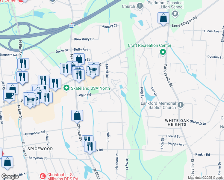 map of restaurants, bars, coffee shops, grocery stores, and more near 3800 Mizell Road in Greensboro