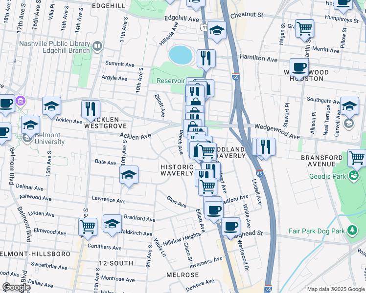 map of restaurants, bars, coffee shops, grocery stores, and more near in Nashville