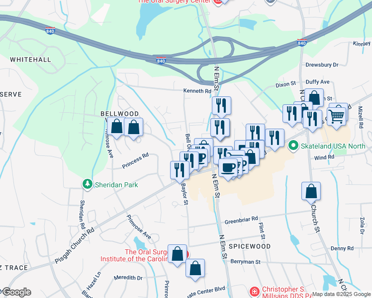 map of restaurants, bars, coffee shops, grocery stores, and more near 4100 Baylor Street in Greensboro