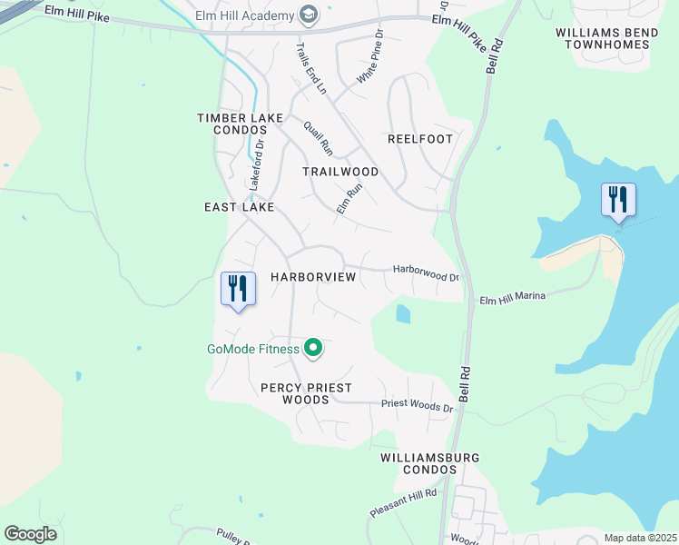 map of restaurants, bars, coffee shops, grocery stores, and more near 3432 Harborwood Circle in Nashville