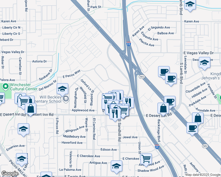 map of restaurants, bars, coffee shops, grocery stores, and more near 225 Greenbriar Townhouse Way in Las Vegas