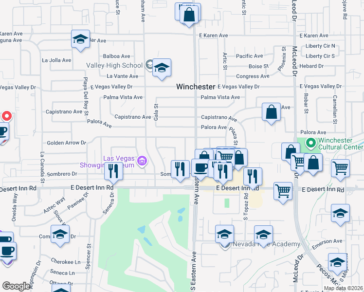 map of restaurants, bars, coffee shops, grocery stores, and more near 2266 Golden Arrow Drive in Las Vegas
