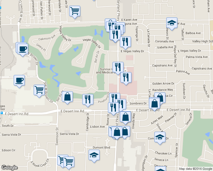 map of restaurants, bars, coffee shops, grocery stores, and more near 3141 Pinehurst Drive in Las Vegas