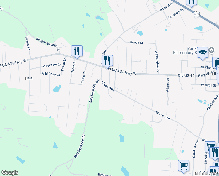 map of restaurants, bars, coffee shops, grocery stores, and more near 125 Filmore Street in Yadkinville
