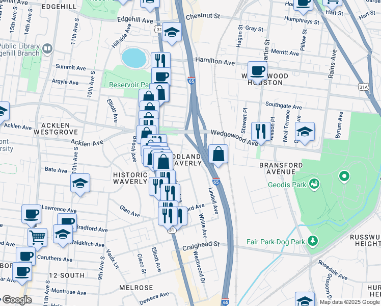 map of restaurants, bars, coffee shops, grocery stores, and more near 1900 Ridley Boulevard in Nashville