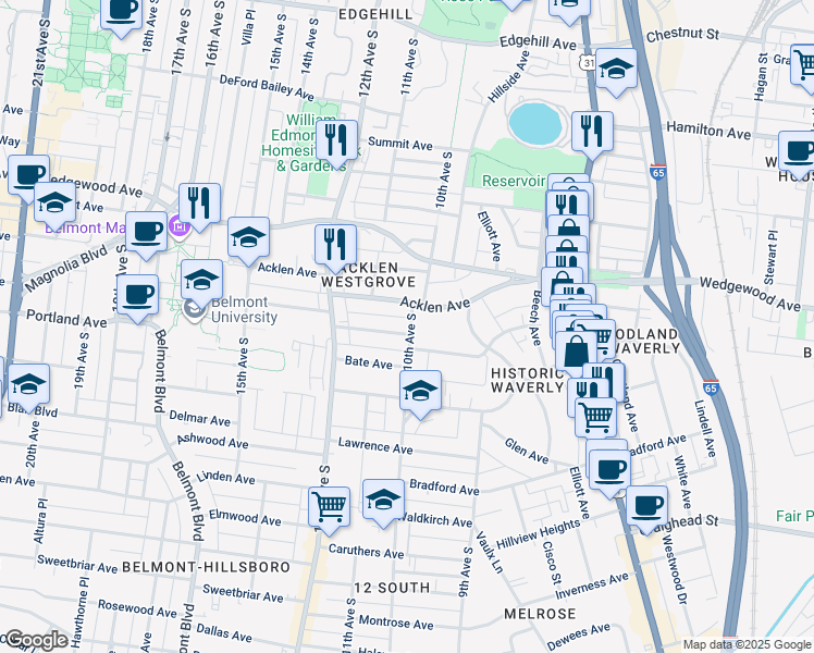 map of restaurants, bars, coffee shops, grocery stores, and more near 933 Acklen Avenue in Nashville