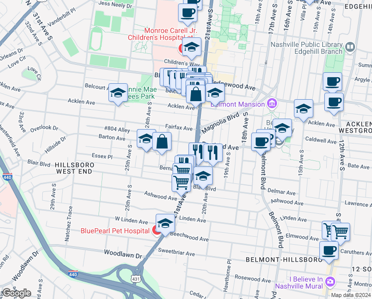 map of restaurants, bars, coffee shops, grocery stores, and more near 2108 Portland Avenue in Nashville