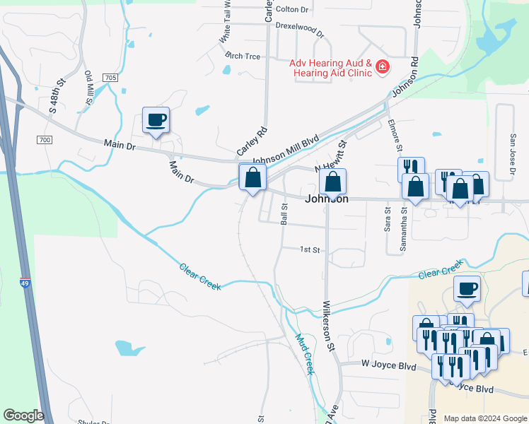 map of restaurants, bars, coffee shops, grocery stores, and more near 5703 South Hewitt Street in Fayetteville