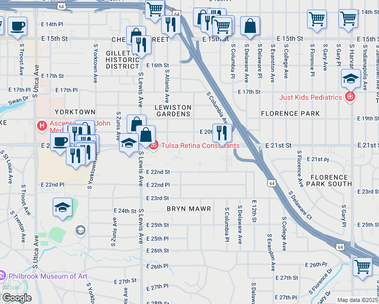 map of restaurants, bars, coffee shops, grocery stores, and more near 2617 East 21st Street in Tulsa