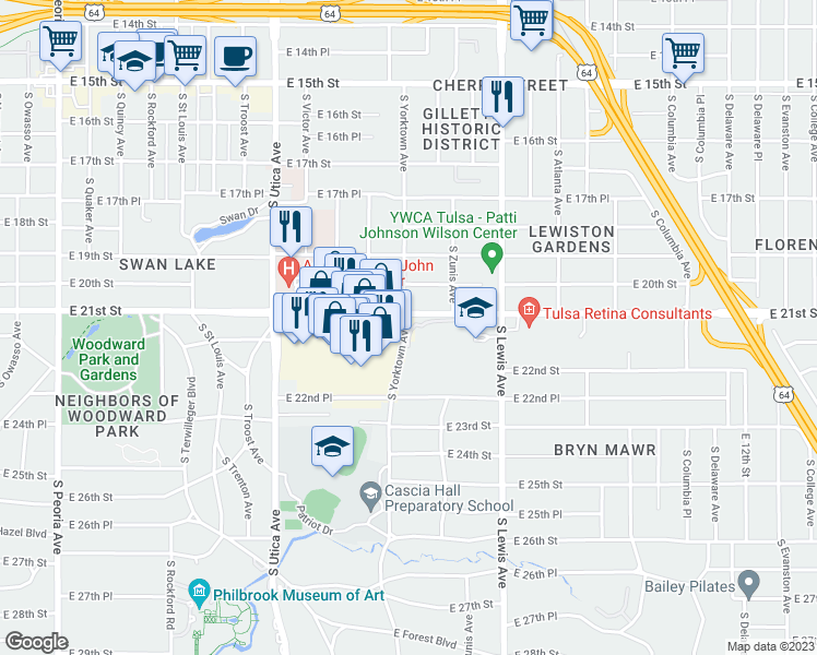 map of restaurants, bars, coffee shops, grocery stores, and more near 2027 East 21st Street in Tulsa